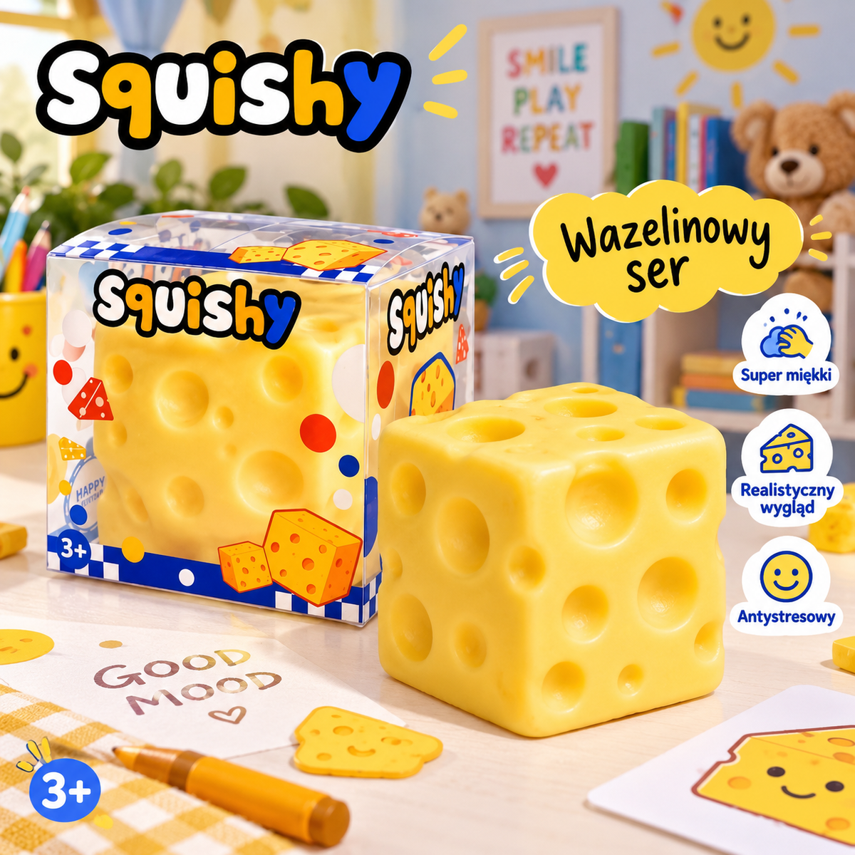 NSG Gniotek Ser Cheese WAZELINOWY 5x5cm Squishy – oryginalny gniotek antystresowy | Gniotek Sklep